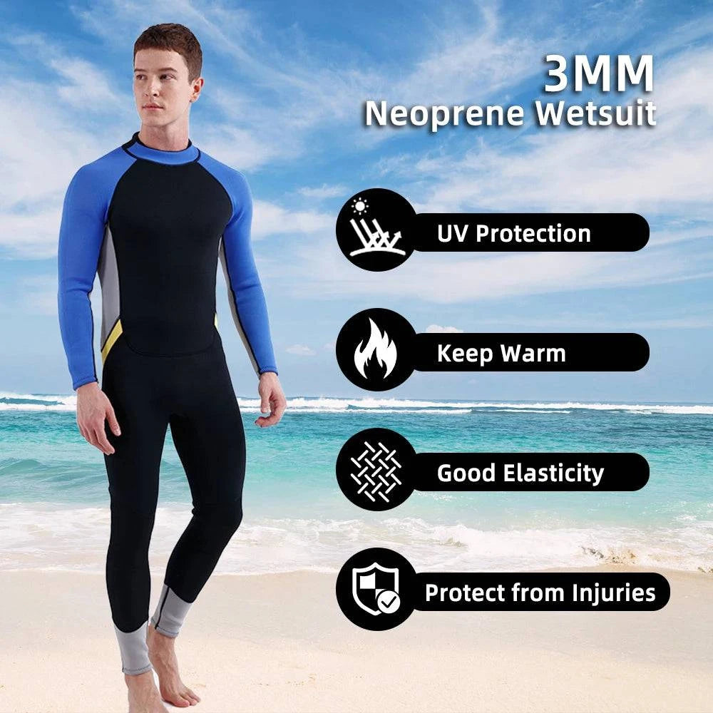 3mm Neoprene Wetsuit for Men Back Zip Full Body Flatlock Stitched Diving Suit for Snorkeling Surfing Scuba Diving Swimming-WAYBIKER