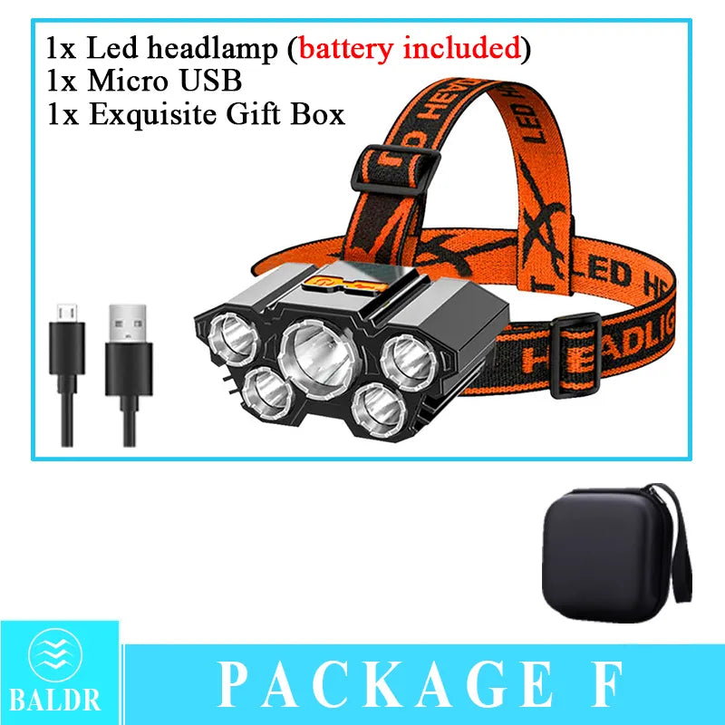 USB Rechargeable Led Five-Head Headlamp Super Bright 18650 Built-in Battery Headlight Portable Head Flashlight Fishing Lantern-WAYBIKER