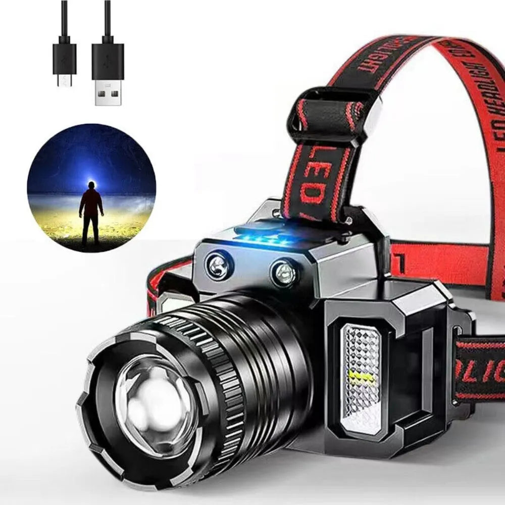 LED Outdoor Headlamp Rechargeable 8 Modes Rotary Zoom Head Lamp with Flicker Red Light, 360° Motion Sensor Waterproof-WAYBIKER