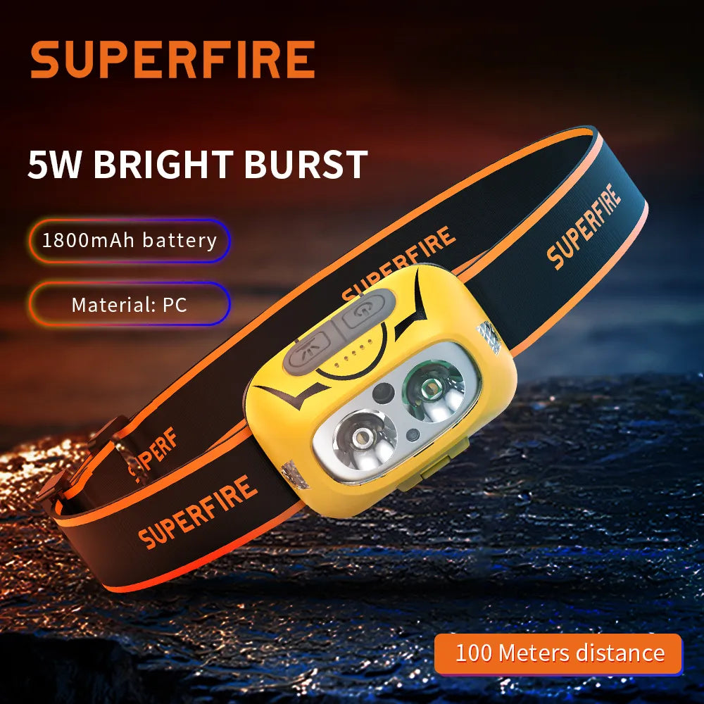 SuperFire HL05-S LED Headlamp Induction Strong Light Charging White And Yellow Dual Light Head-Mounted Night Fishing-WAYBIKER