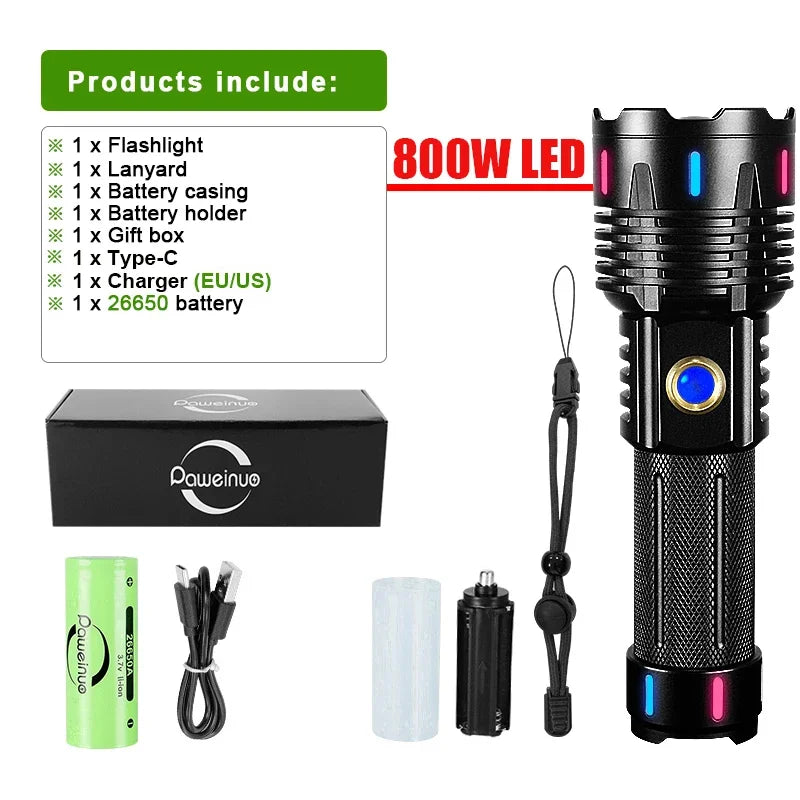 New Ultra Powerful Flashlight 800W LED Rechargeable High Power LED Flashlights 3500M Long Range Torch Outdoor Tactical Lantern-WAYBIKER