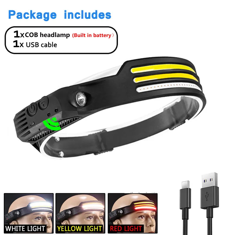 Sensor Headlamp COB LED Headlight with Built-in Battery Flashlight USB Rechargeable Torch Head Light for Fishing Running-WAYBIKER