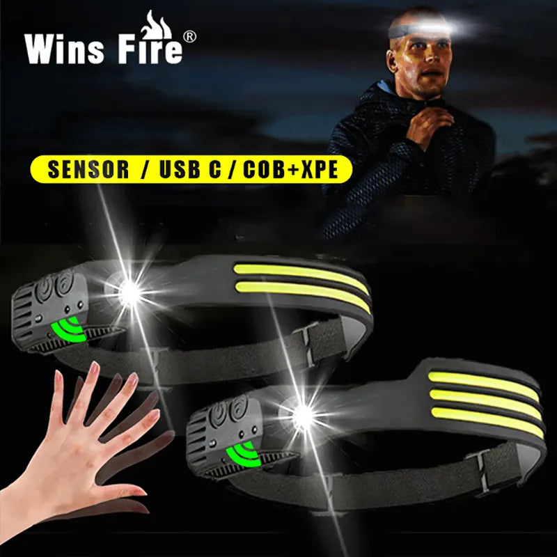 COB+XPE LED Headlamp Sensor Head Flashlight 350lm USB TYPE-C Rechargeable Headlight with Built-in 18650 Battery Front Lanterns-WAYBIKER