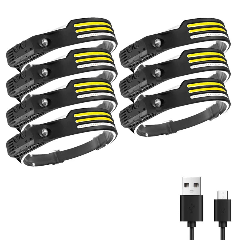 Multifunctional induction headlights 3 COB White red yellow light USB Rechargeable Head Torch 10 Lighting Modes Head Light-WAYBIKER