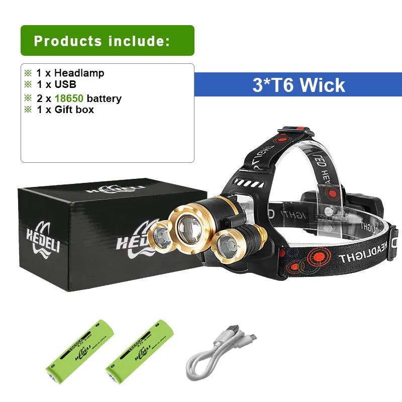 Rechargeable Led Headlight 3T6 Most Powerful USB Led Headlamp 18650 Waterproof Zoomable Head Lamp 4Modes Super Bright Head Light-WAYBIKER