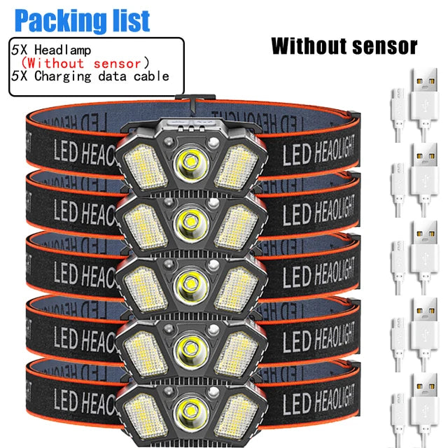 Super Bright LED Sensor Headlamp USB Rechargeable With Red Caution Light 5 Modes Outdoor Fishing Camping Hiking Head Flashlight-WAYBIKER