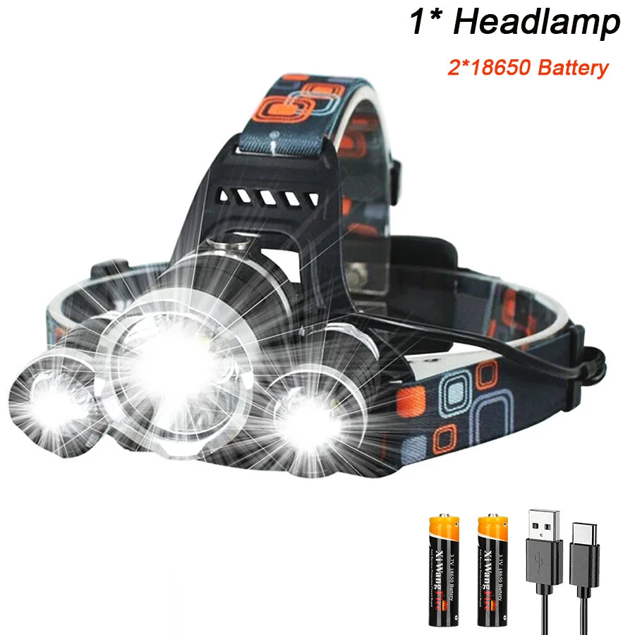 1-5PCS LED Headlamp 4-Mode Waterproof Headlight USB Rechargeable 18650 Head Torch for Camping Hunting-WAYBIKER