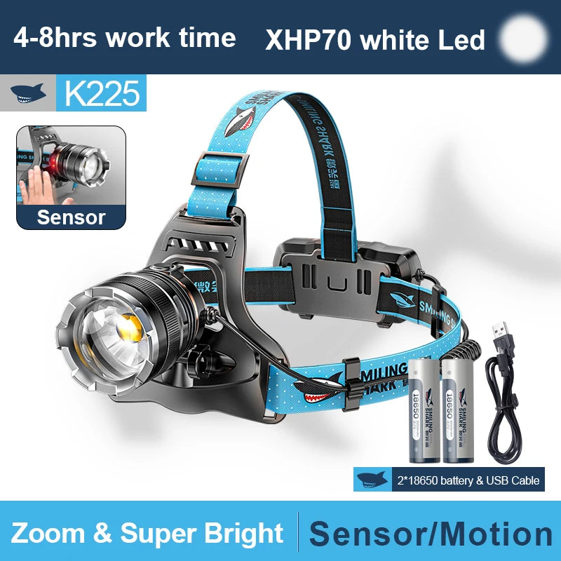 Smiling Shark K225 Powerful Headlamp XHP70 Sensor Headlight Rechargeable Waterproof Head Flashlight for Outdoor Camping Working-WAYBIKER