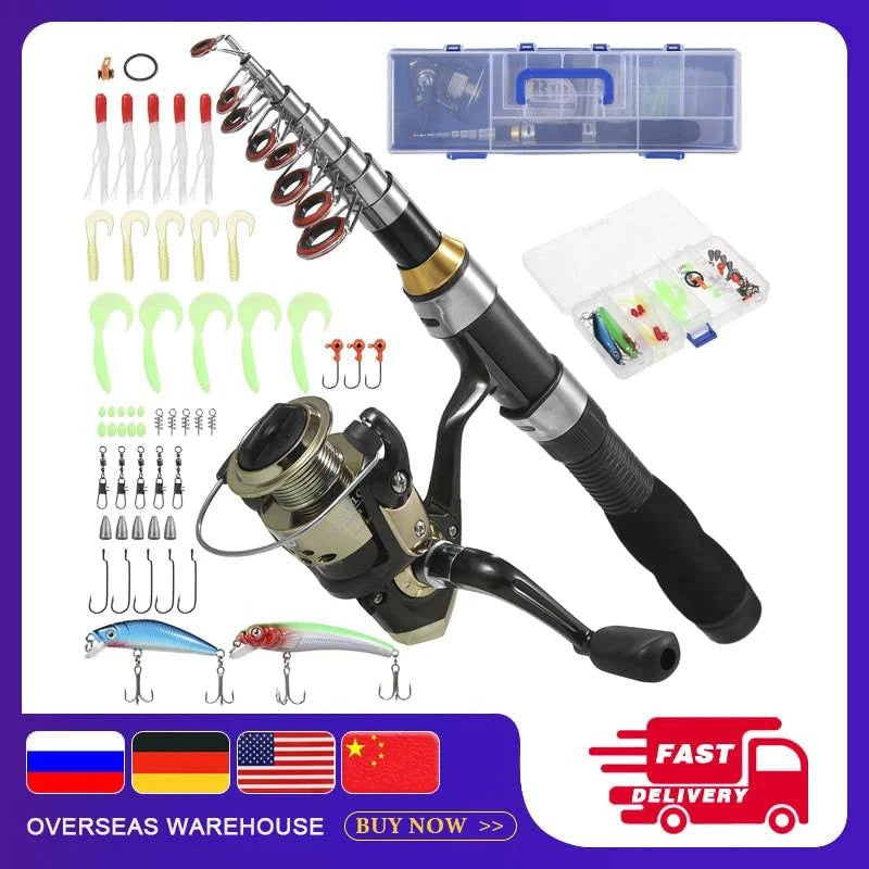 Fishing Rod Telescopic Fishing Pole Spinning Reel Combo Kit Fishing Line Lures Hooks Swivels Set Fishing Accessories Tackle Box-WAYBIKER