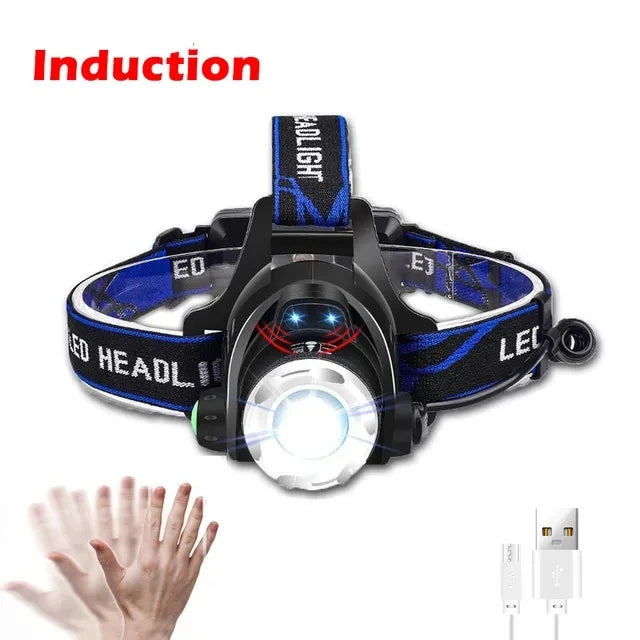 Powerful LED Induction Headlamp USB/DC Rechargeable Headlight Aluminium Alloy Outdoor Fishing Head Lamp High Lumen Head Torch-WAYBIKER
