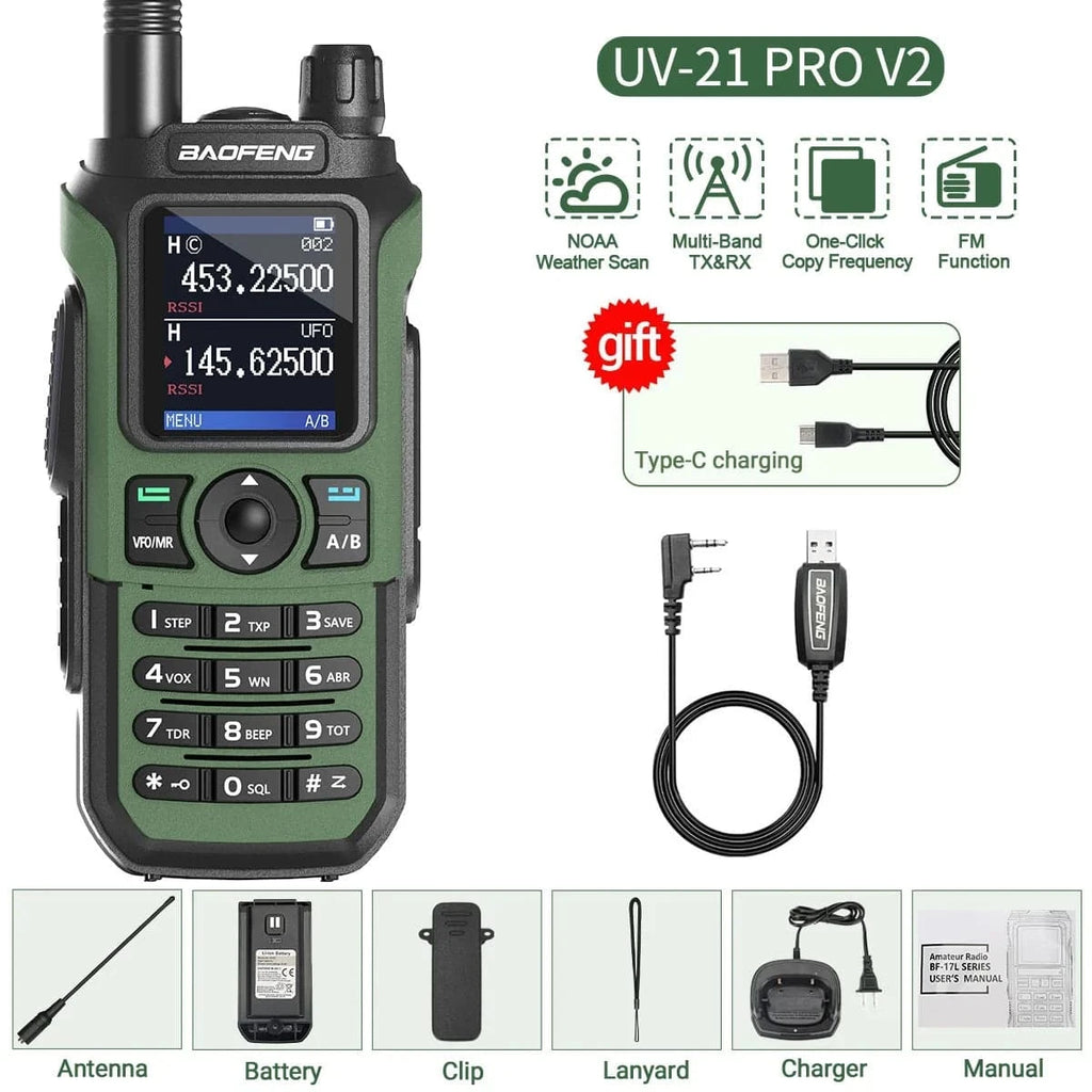 Baofeng UV-21 Pro V2 Wireless Copy Frequency Walkie Talkie Tri Band Waterproof 16 KM Long Range Type-C Charger UV 5R Ham Radio-WAYBIKER