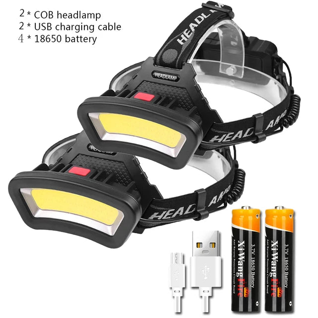 Multifunctional COB LED Wide Angle Headlight Use 2*18650 Battery USB Rechargeable Head Lamp Outdoor Waterproof Fishing Lantern-WAYBIKER