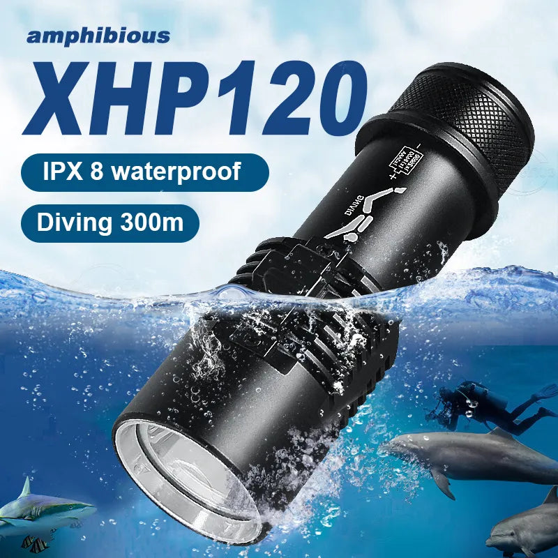 Super XHP120 Professional Diving Flashlight 300m Underwater Scuba Diving Torch IPX8 Waterproof Powerful Dive Light 26650 Battery-WAYBIKER