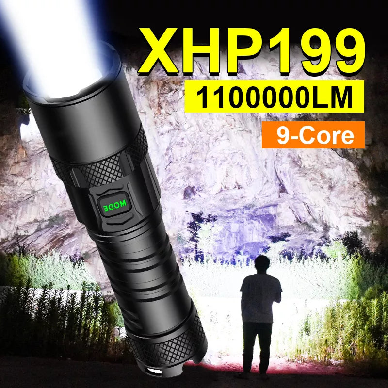 Super XHP199 Most Powerful LED Flashlight Rechargeable LED Torch Light XHP160 XHP90 High Power Flashlight 18650 Tactical Lantern