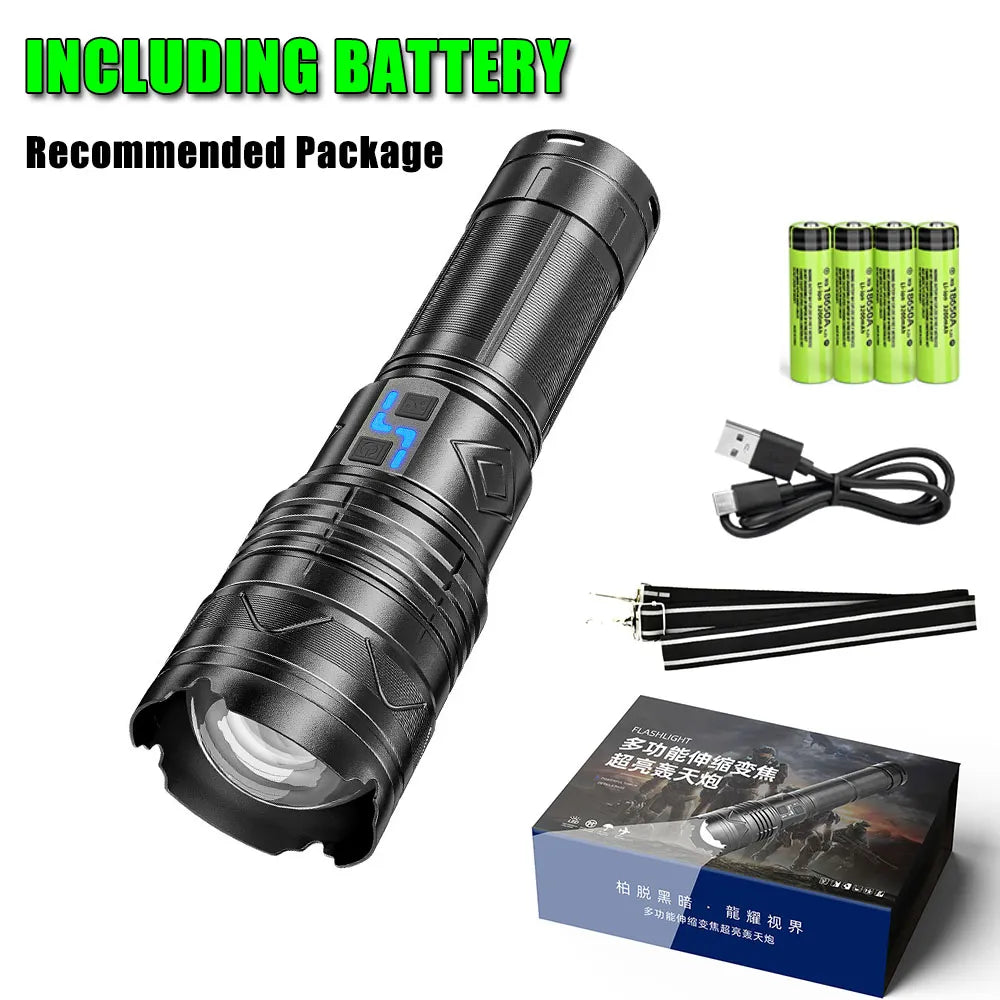 Super Bright LED Flashlight Zoom Long Range Tactical Torch USB Rechargeable With Power Display Outdoor Camping Hiking Lantern-WAYBIKER
