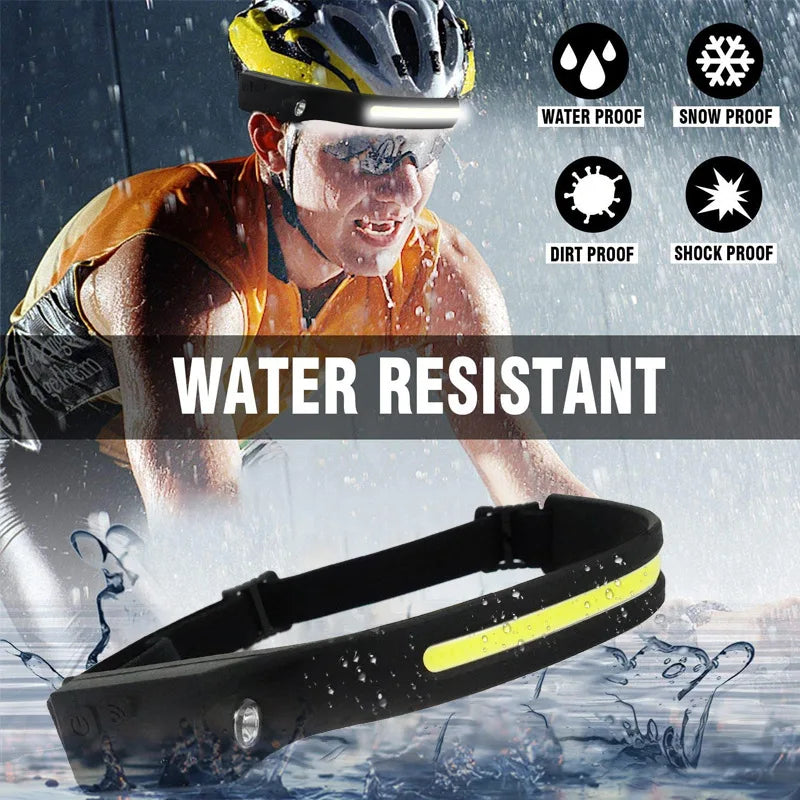 COB LED Headlamp Sensor Headlight with Built-in Battery Flashlight USB Rechargeable Head Lamp Torch 5 Lighting Modes Work Light-WAYBIKER