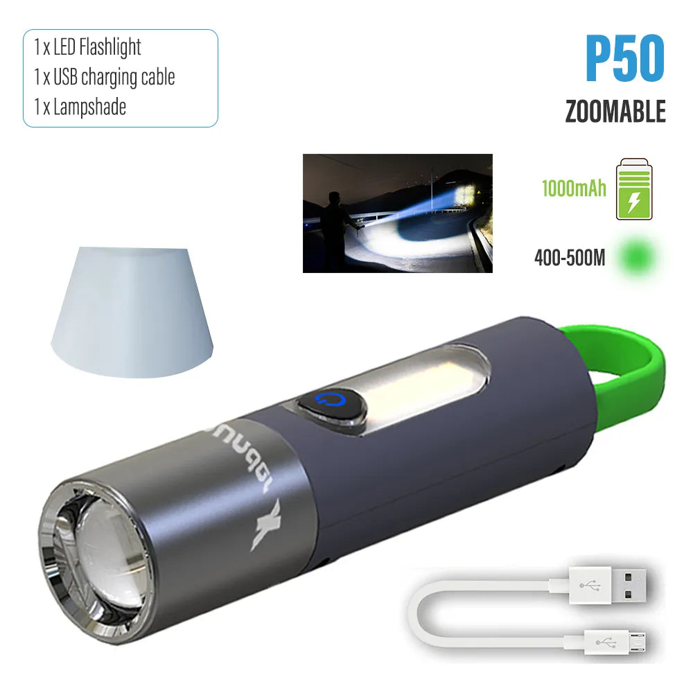 High Power LED Flashlight Camping Torch with 30W-LED and Side Light Telescopic Zoom Waterproof Lamp with Lampshade-WAYBIKER