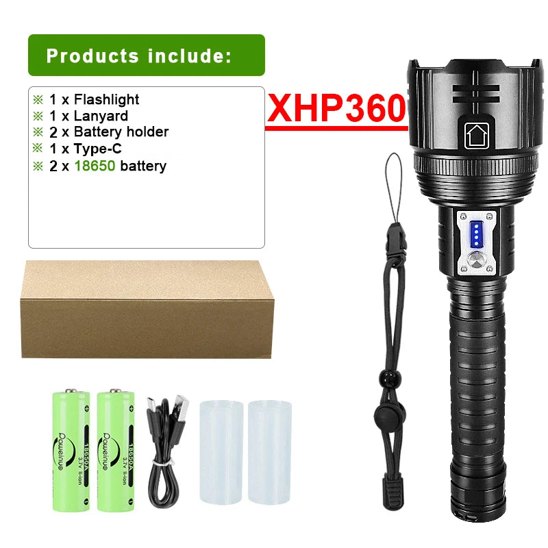 Super Powerful LED Flashlight XHP360 Rechargeable Working Torch Usb Zoomable Tactical Flash Light 18650 Camping Hunting Lantern-WAYBIKER