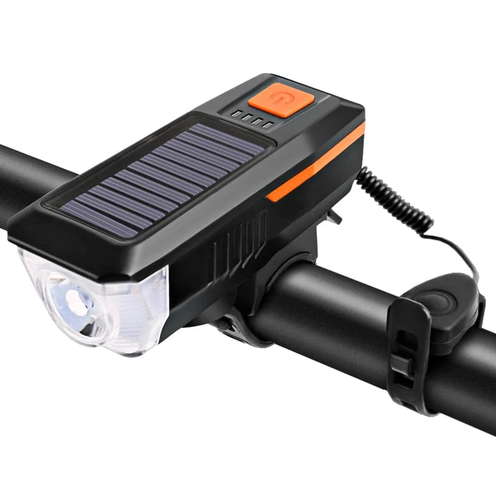 Solar USB Charging Bike Front Light Bicycle Bell Horn Lamp Waterproof Cycling Headlight with3 Lighting Modes 5 Sounds-WAYBIKER
