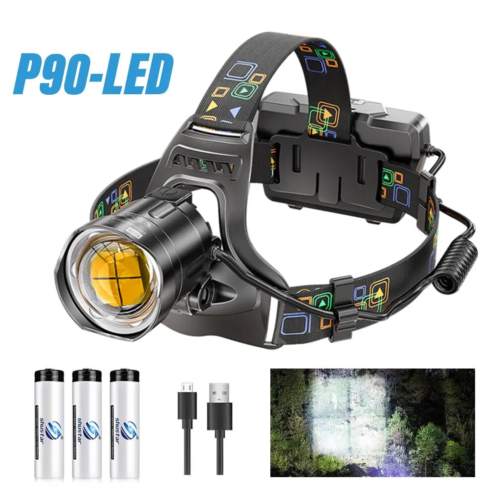 Super Bright LED Headlamp with XHP90 Lamp Beads Waterproof Headlight Power Display Suitable Exploration Hunting Fishing-WAYBIKER