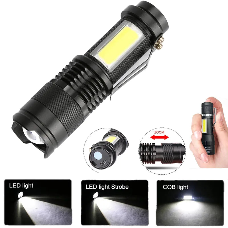 Mini Portable Flashlight Q5+COB Strong Light Zoom 3 Modes Torch Built In Battery USB Rechargeable Lamp Outdoor Camping Lantern-WAYBIKER