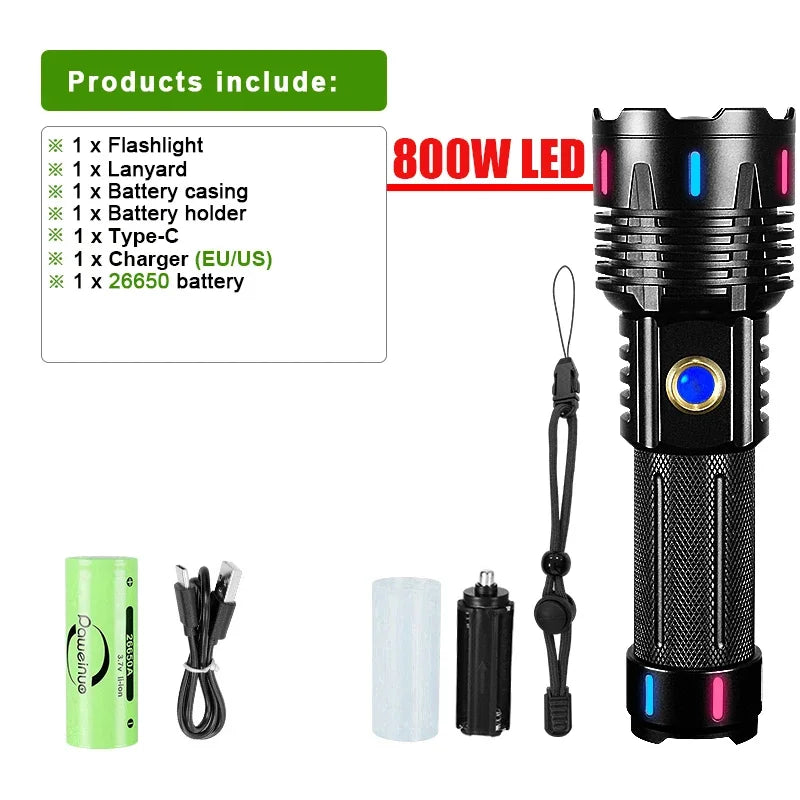 New Ultra Powerful Flashlight 800W LED Rechargeable High Power LED Flashlights 3500M Long Range Torch Outdoor Tactical Lantern-WAYBIKER