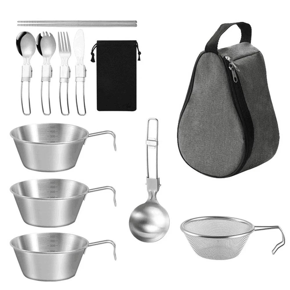 Outdoor Cookware Set 500ml Stainless Steel Camping Bowl with Strainer Ladle Soup Spoon Flatware-WAYBIKER