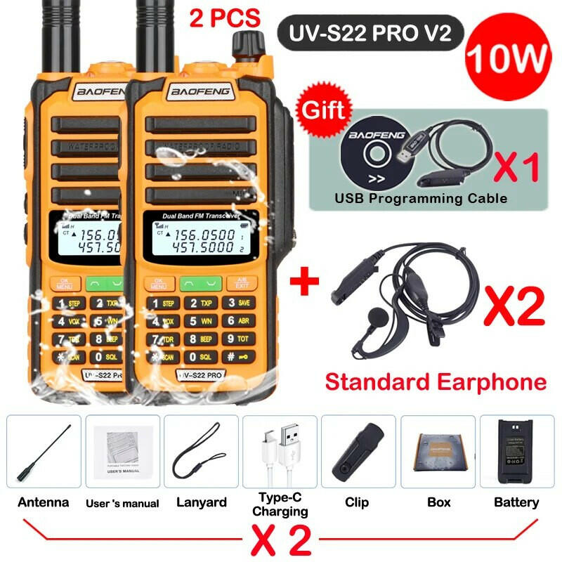 2pcs Baofeng Professional Walkie Talkie 10W Powerful UV S22 PRO IP68 Waterproof VHF UHF Dual Band Two Way CB Ham Radio For Hunt-WAYBIKER