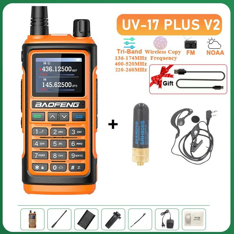 UV-17 Plus V1 V2 Baofeng Walkie Talkie 10W Type C Charging Dual/Tri Band Optional No Pro NOAA 1.77 Inch LCD Screen FM Waterproof-WAYBIKER