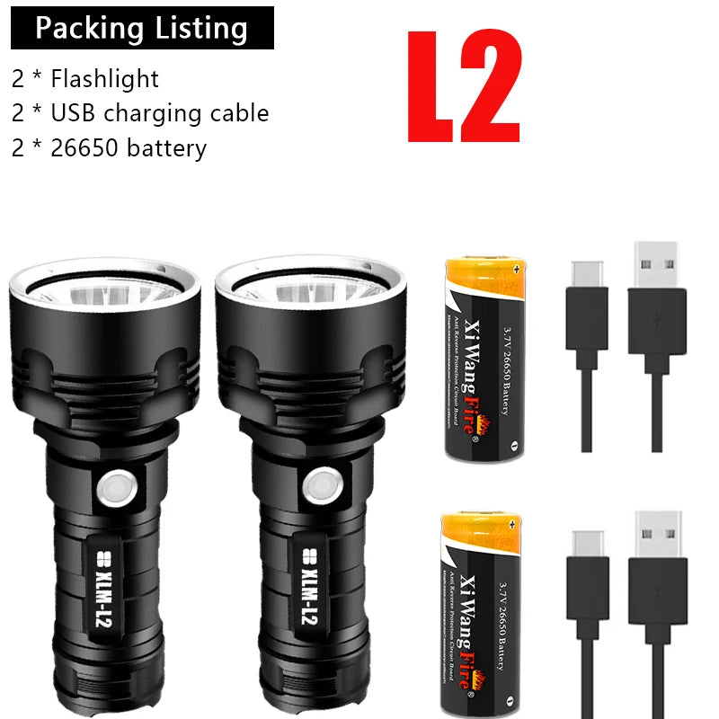 Super Bright L2 P70 LED Flashlight High Power Built-in 26650 Battery USB Rechargeable Aluminum Alloy Waterproof  Torch-WAYBIKER