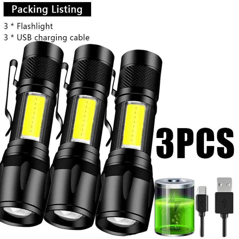 Mini Portable LED Flashlight COB+XPE Rechargeable Torch Camping Lantern Zoomable Flashlight Tactical Flashlight with Pen Clip-WAYBIKER
