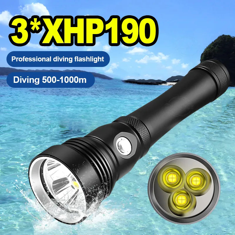 Professional Diving Flashlight Scuba Diving 3*XHP190 Led Torch Light Strong Powerful Underwater Flash light Waterproof Hand Lamp-WAYBIKER