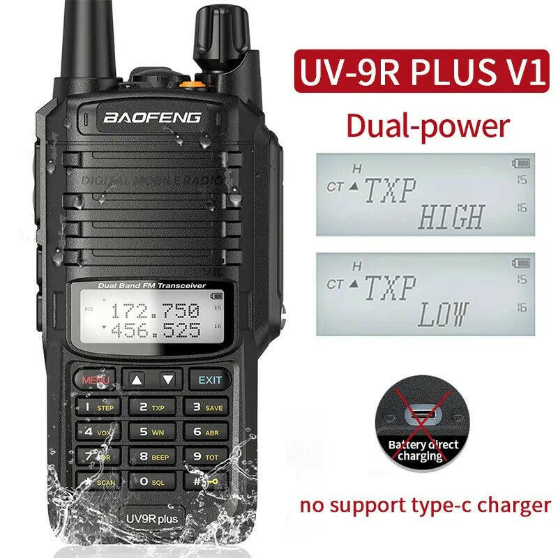 2023 Baofeng UV-9R Pro V1 V2 Waterproof IP68 16KM Walkie Talkie Type-C Charger UHF VHF Long Range UV-5R Upgrade Ham CB Radio-WAYBIKER