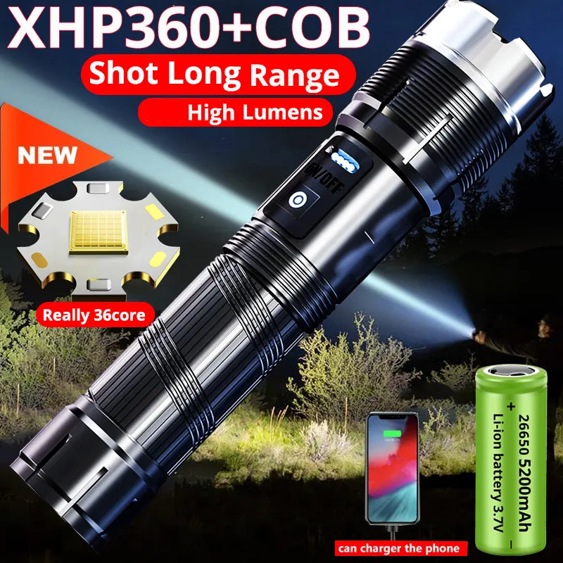 powerful XHP360 Led Flashlight Rechargeable 36-core Torch Usb P Tactical Flash Light Hunting Lantern Waterproof Hand Lamp-WAYBIKER