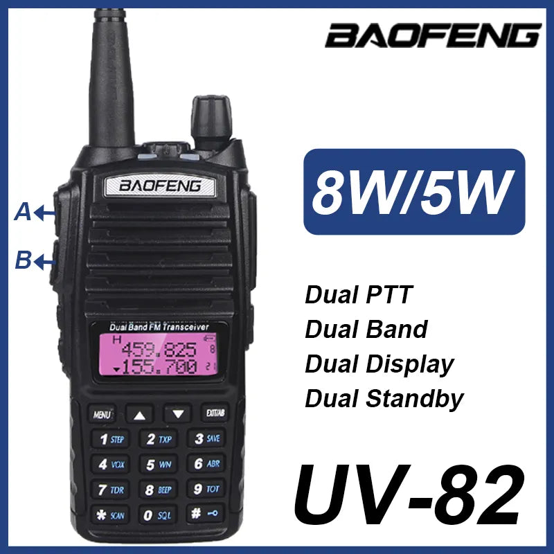 Baofeng UV 82 Walkie Talkie Long Range 8W Radio Comunicador High Power Dual PTT For Hunting UV-82 UHF VHF Portable FM Ham Radios-WAYBIKER