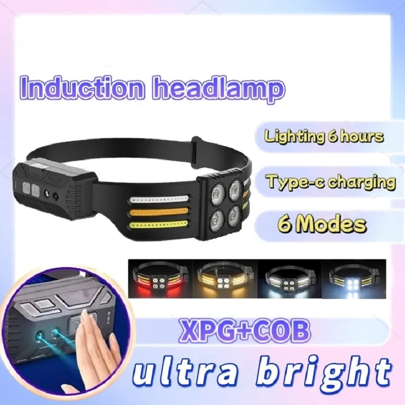 LED Induction Headlamp Portable Powerful COB Headlight Super Bright Red Running Head Light USB Built-in Battery Head Flashlights-WAYBIKER