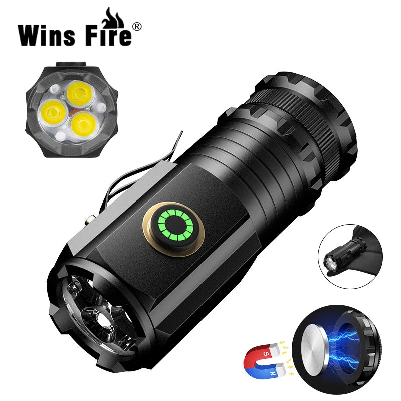 Mini LED Flashlight 3LED Ultra Strong Light Flash Light Portable USB Rechargeable Built-in Battery with Pen Clip and Tail Magnet-WAYBIKER