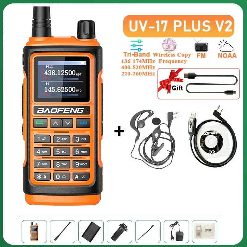 UV-17 Plus V1 V2 Baofeng Walkie Talkie 10W Type C Charging Dual/Tri Band Optional No Pro NOAA 1.77 Inch LCD Screen FM Waterproof-WAYBIKER