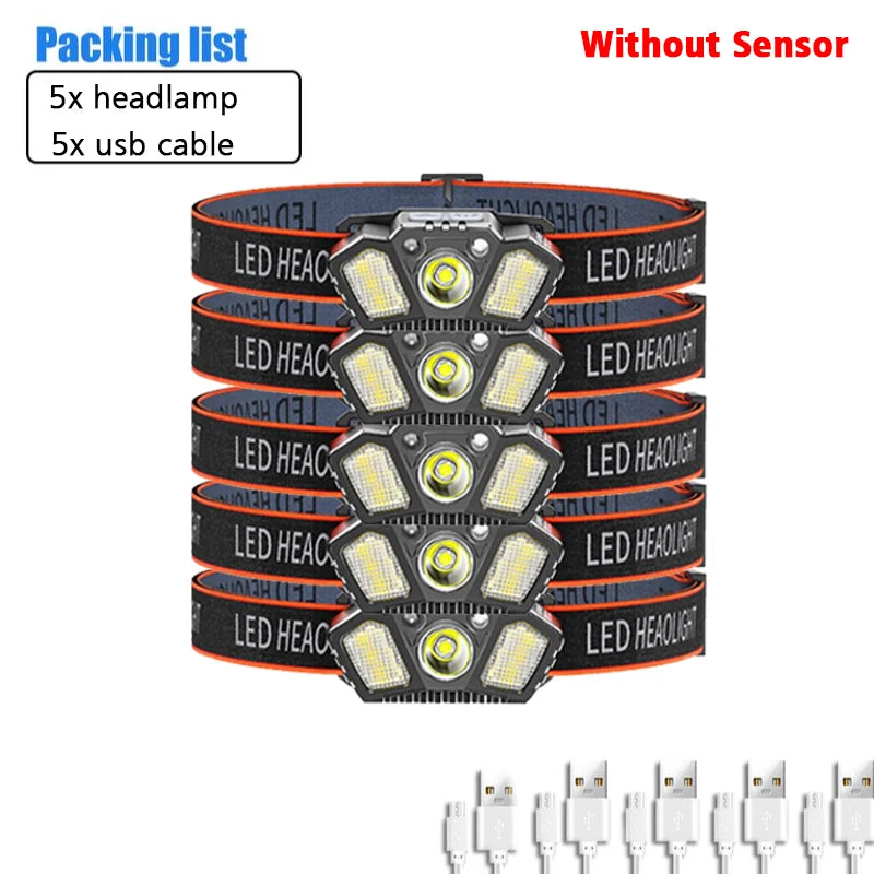 Portable Headlamp with Wave Sensor 5 Modes XPE+COB LED Red Caution Light USB Rechargeable Head Lamp For Fishing Camping Hiking-WAYBIKER