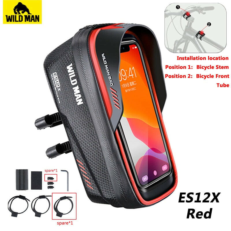 Wild Man Bicycle Bag Front Frame 1L Waterproof Cycling Front Tube Bag Phone Case Holder 6.8 Inch Touchscreen Bike Stem Bag-WAYBIKER