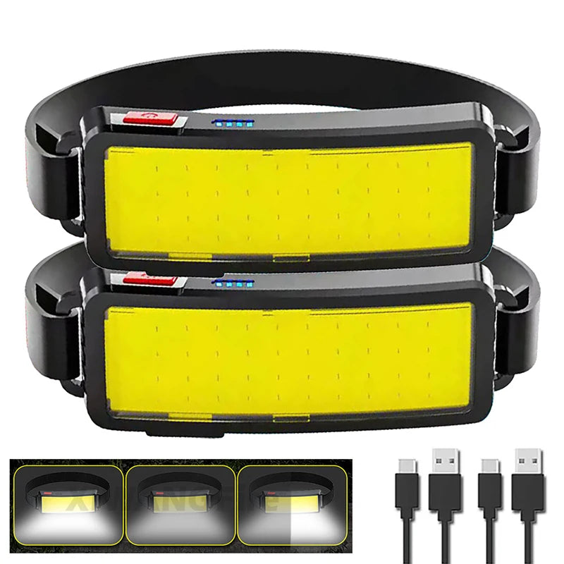 Powerful COB LED Headlamp Type-c Rechargeable Head Flashlight Built-in Battery Outdoor Fishing Camping Lantern Waterproof Torch-WAYBIKER