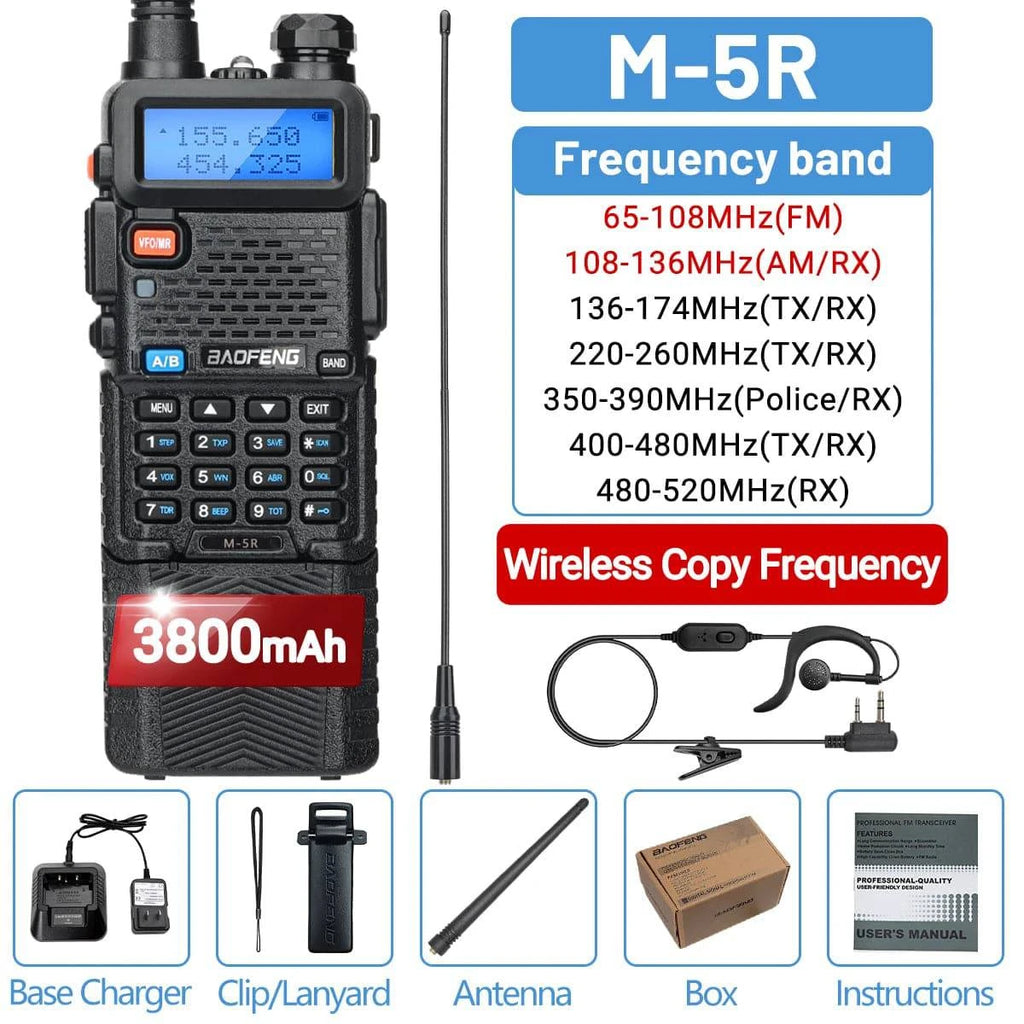 Baofeng M-5R Air Band Walkie Talkie 3800mAh Battery Wireless Copy Frequency Long Range AM commutator Ham UV-5R K5 Two Way Radio-WAYBIKER