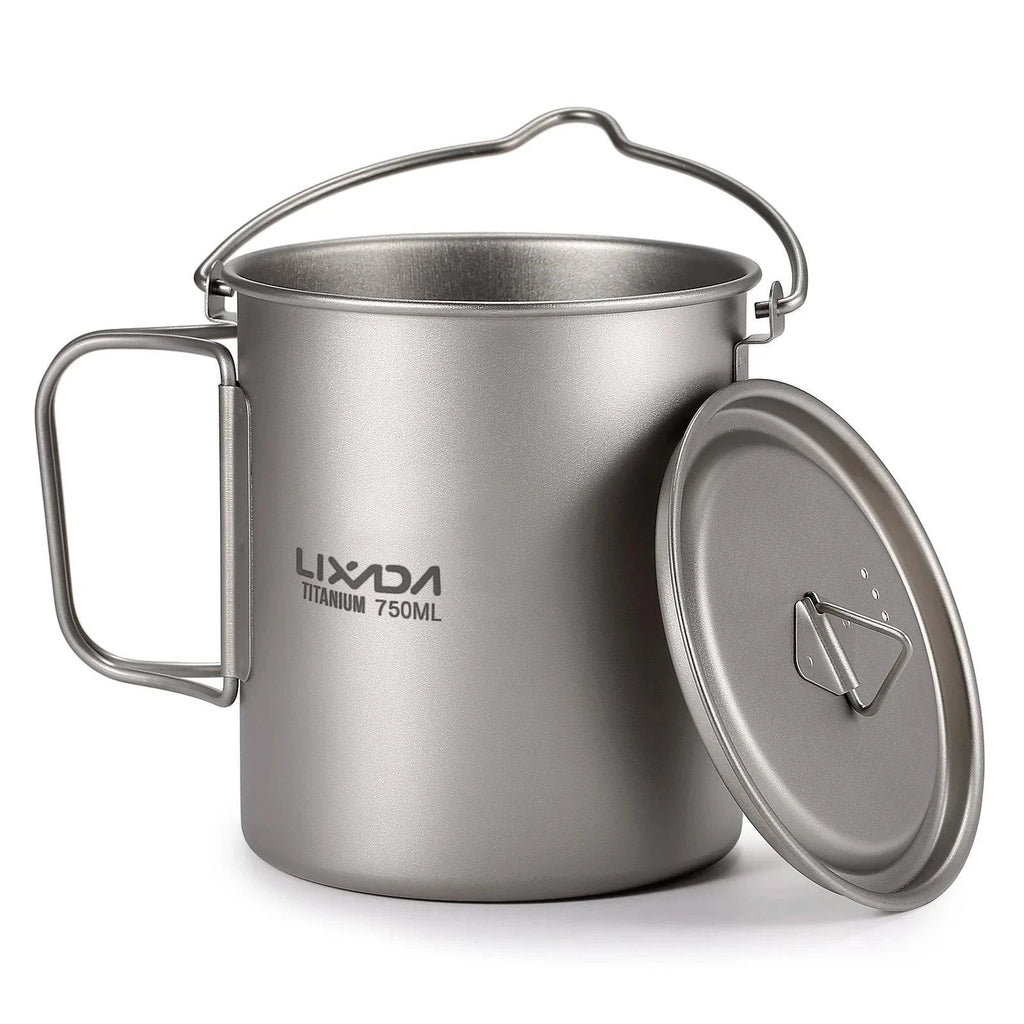 Lixada 1pc/3pcs Lightweight Titanium 750ml Pot or 350ml Water Cup Mug with Lid Collapsible Handle for Outdoor Camping-WAYBIKER
