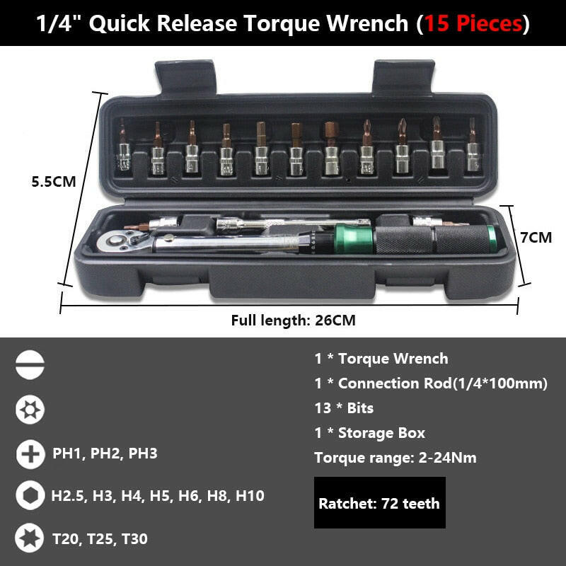 1/4'' Drive 2-24N.m Precise Double Scale Torque Wrench Set MTB Bike Socket Spanner Bicycle Motorcycle Ratchet Repair Toolbox Kit