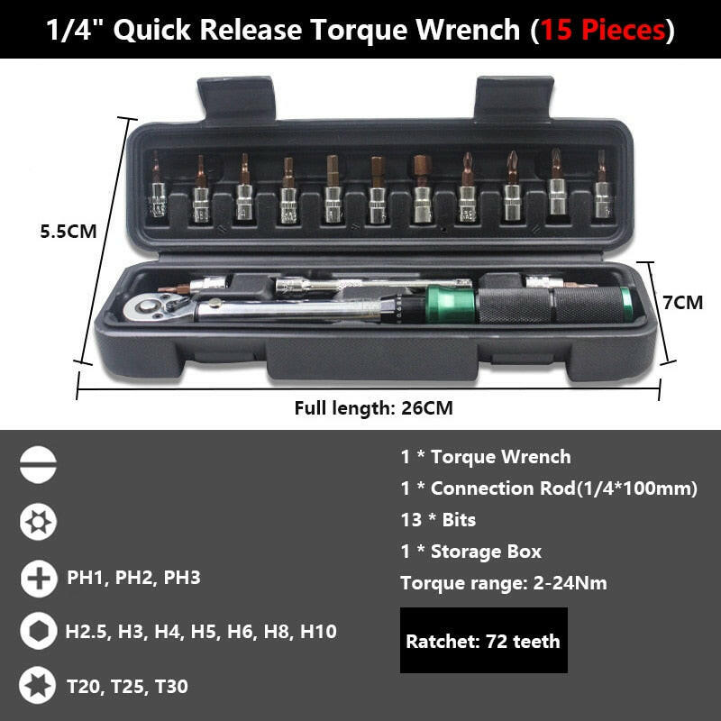 1/4'' Drive 2-24N.m Precise Double Scale Torque Wrench Set MTB Bike Socket Spanner Bicycle Motorcycle Ratchet Repair Toolbox Kit-WAYBIKER