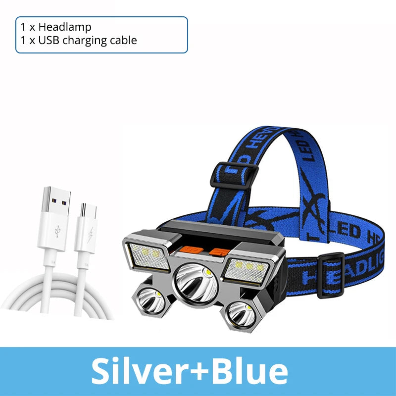 Five-Head LED USB Rechargeable Headlamp Super Bright Portable Head Flashlight Working Light Head-Mounted Fishing Camping Lantern-WAYBIKER