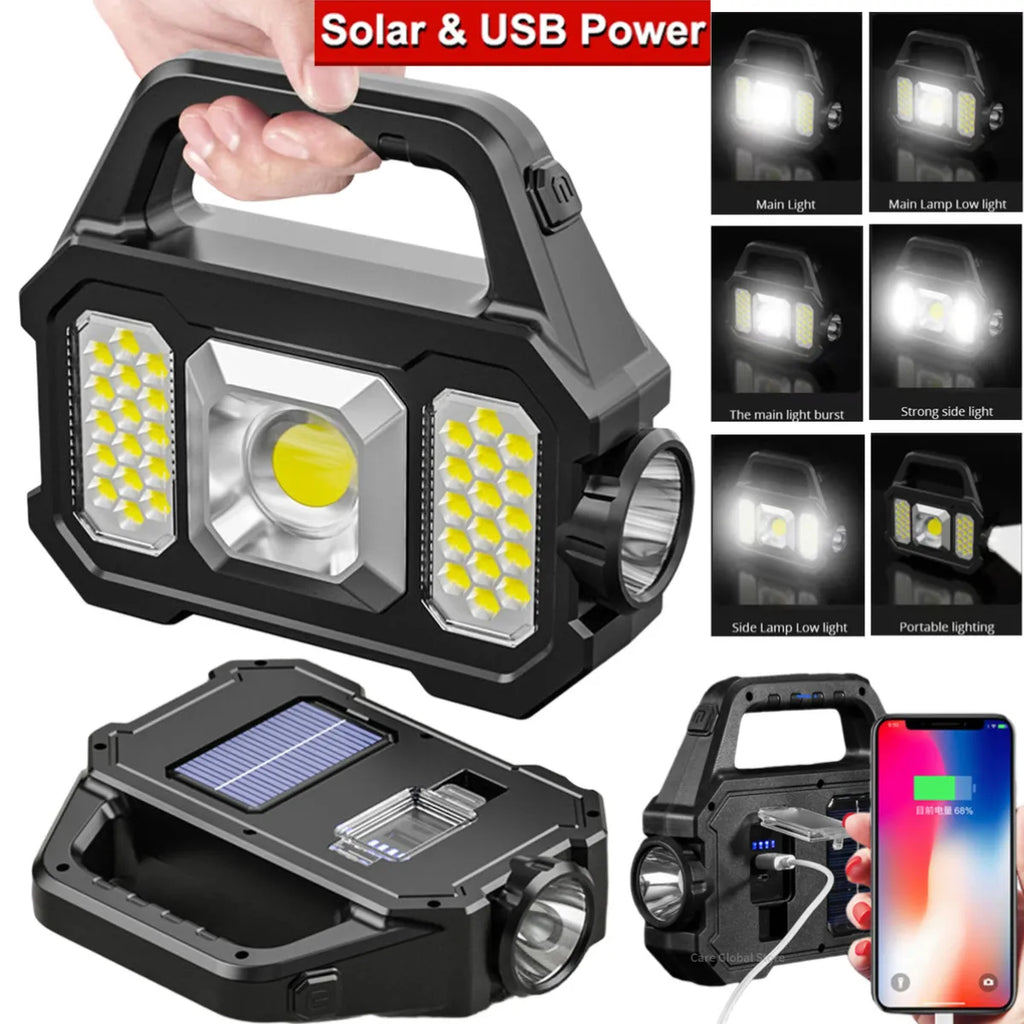Portable Powerful Solar LED Flashlight With COB Work Lights USB Rechargeable Handheld  LED Outdoor Camping Solar Torch Light-WAYBIKER