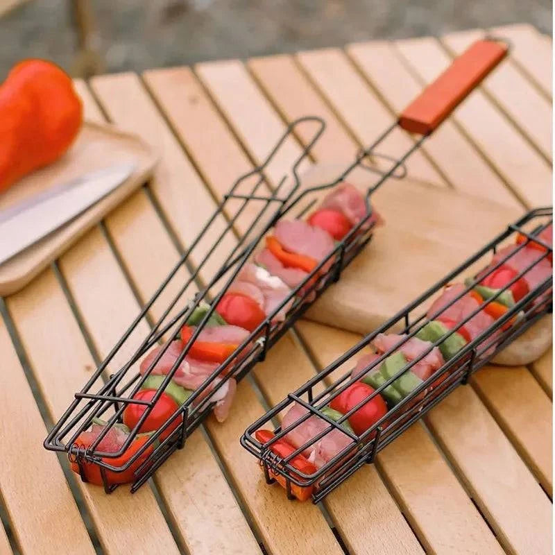 Outdoor Wooden Handle Barbecue Cage Camping Meat and Vegetable Barbecue Net Rack Picnic Barbecue Tools-WAYBIKER