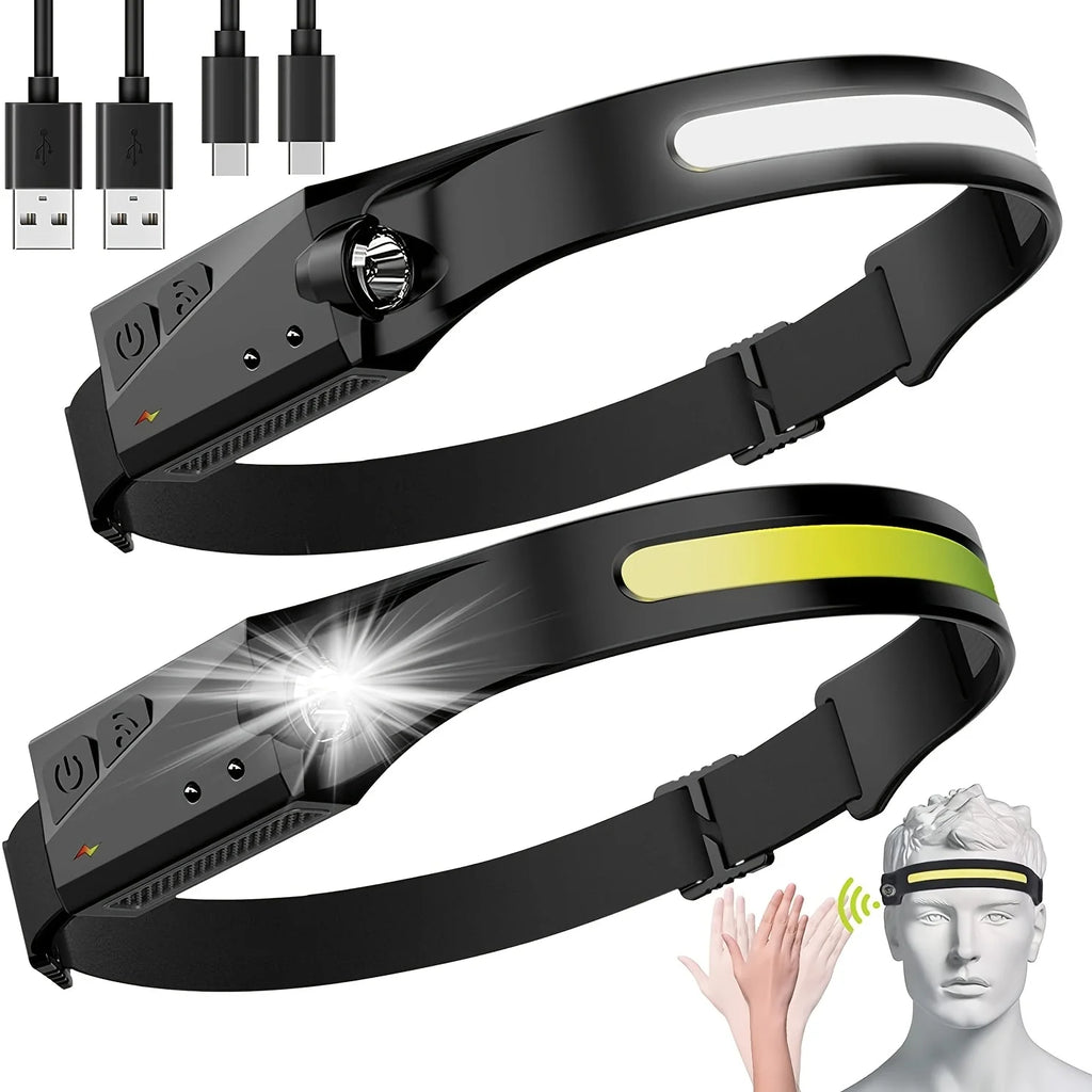 LED Headlamp, 230° Wide Beam Headlight, Motion Sensor Head Lamp, Adjustable Headband Outdoor Waterproof Head Light-WAYBIKER