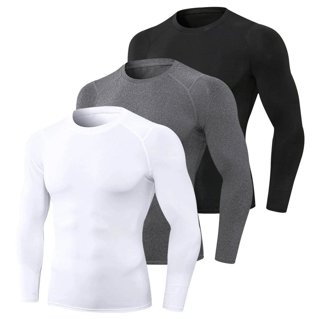3pcs Men's Athletic Long Sleeve Compre ssion Shirts Quick Dry Workout T-Shirt Running Tops-WAYBIKER